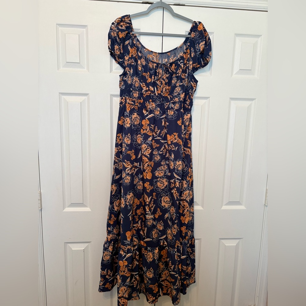 Used navy blue and orange floral maxi dress